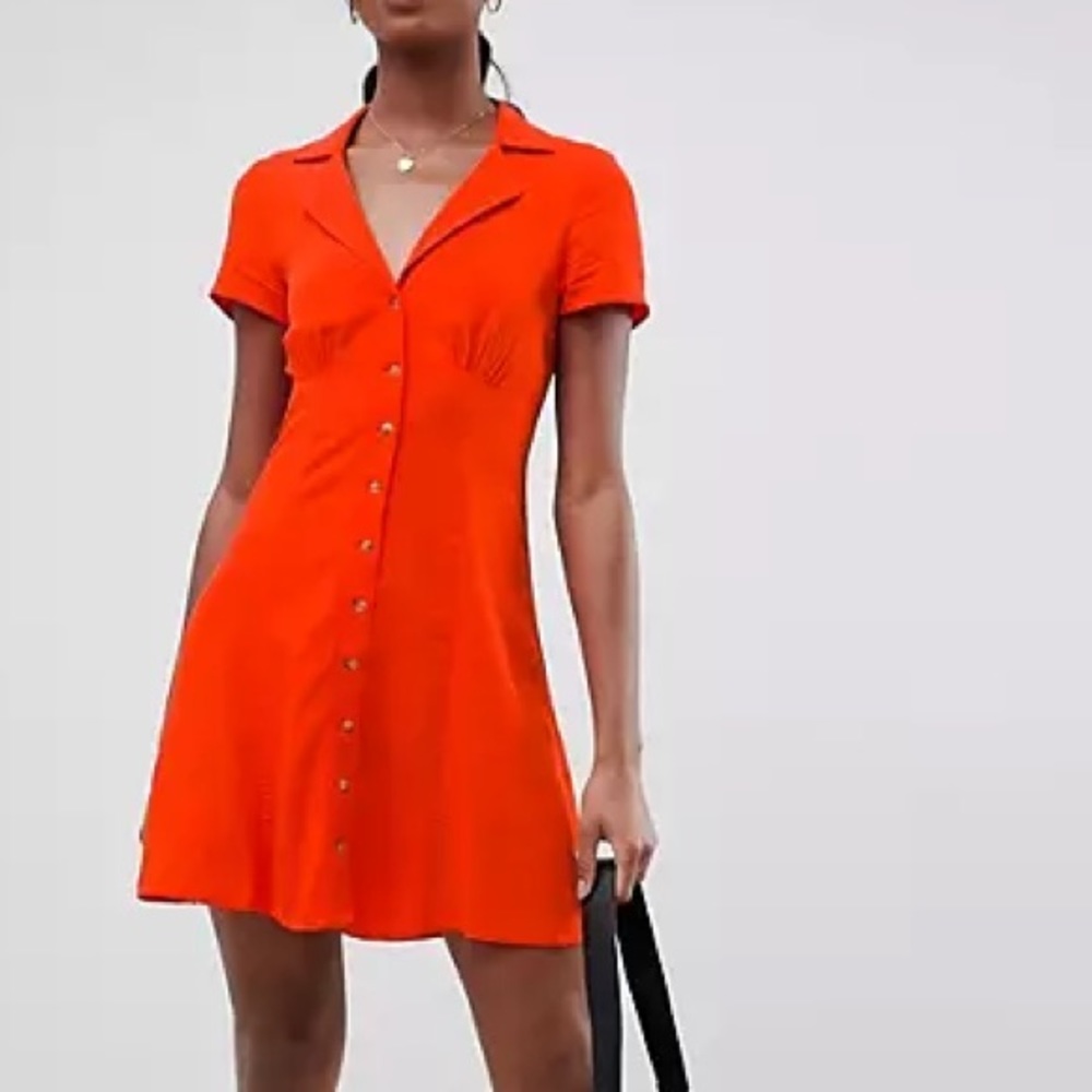 NWT ASOS DESIGN short sleeve button down orange mini flare dress